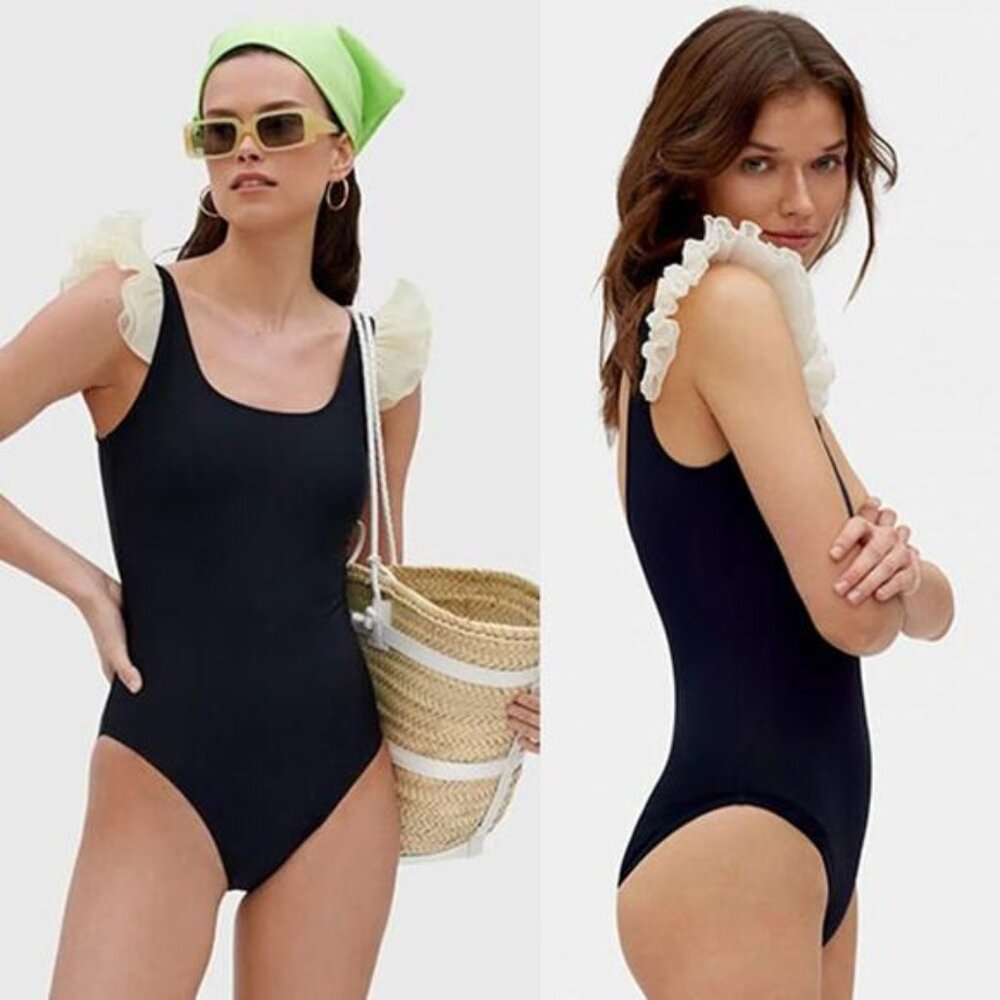 NWT Sleeper Ariel Ruffles Onepiece Square Neckline Deep Back Swimsuit Black